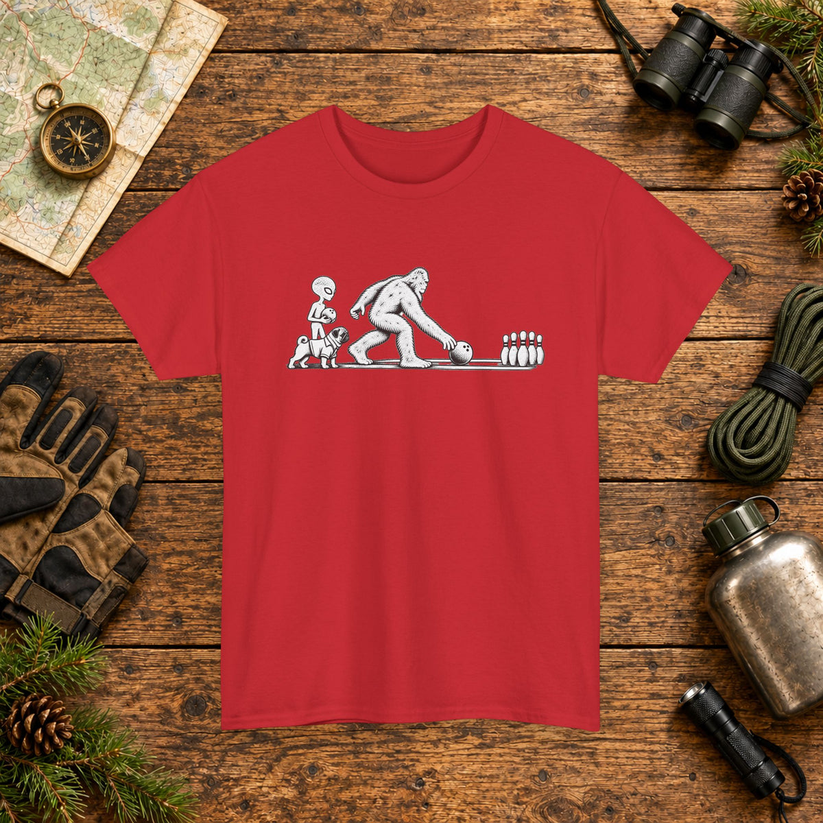 Pug, Bigfoot & Alien Bowling T-Shirt