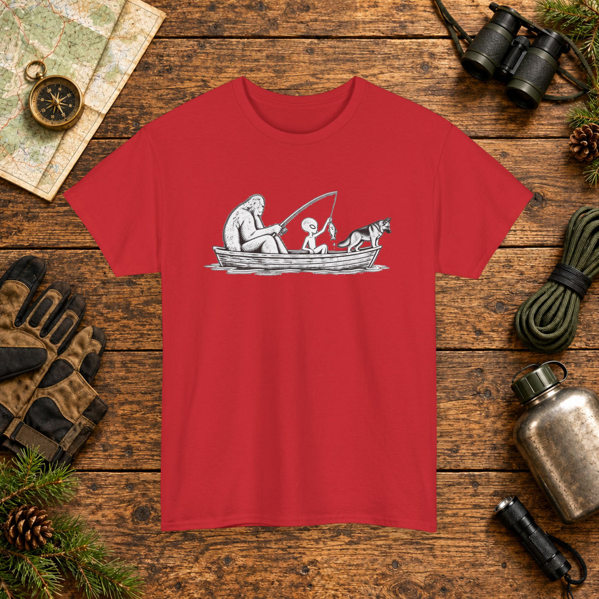German Shepherd, Bigfoot & Alien Fishing T-Shirt