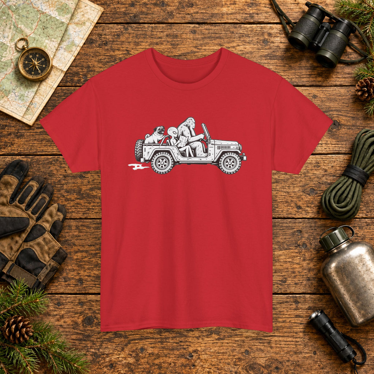 Pug, Bigfoot & Alien Off-Road Adventure T-Shirt