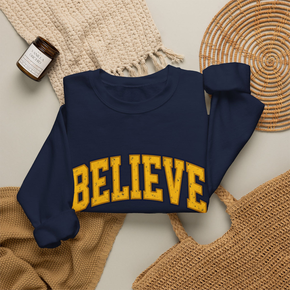 BELIEVE Crewneck Sweatshirt – Varsity Lettering Pullover