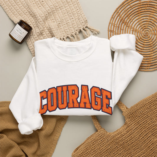 COURAGE Crewneck Sweatshirt — Vintage Orange Collegiate Graphic