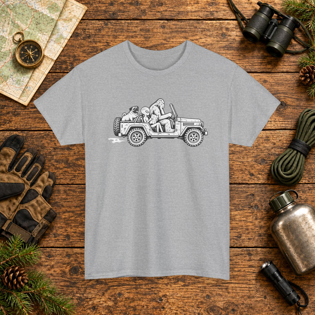 Pug, Bigfoot & Alien Off-Road Adventure T-Shirt