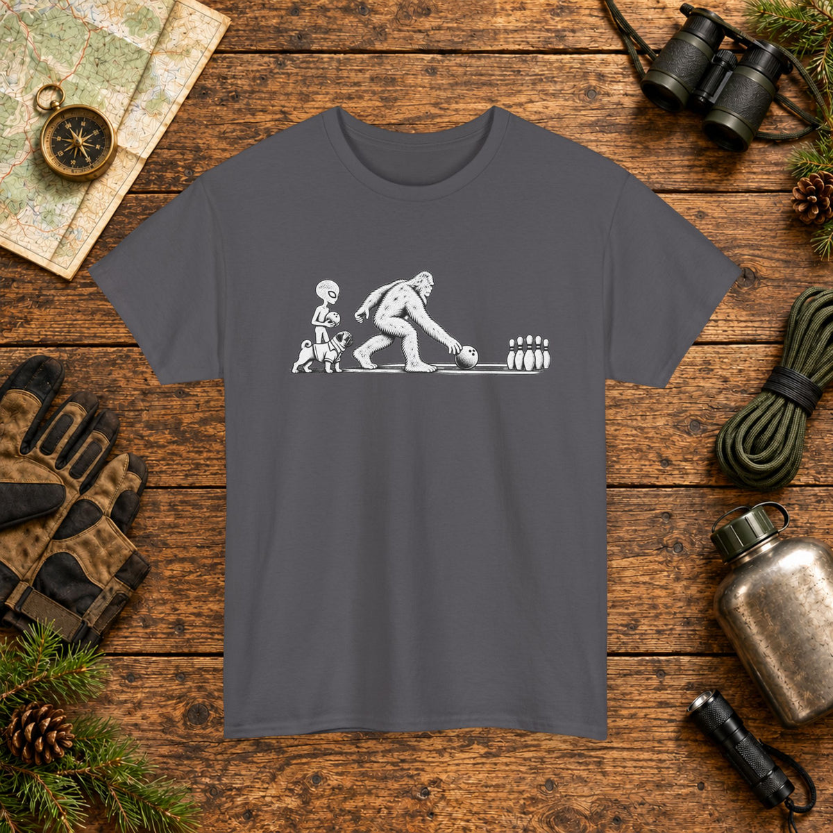 Pug, Bigfoot & Alien Bowling T-Shirt