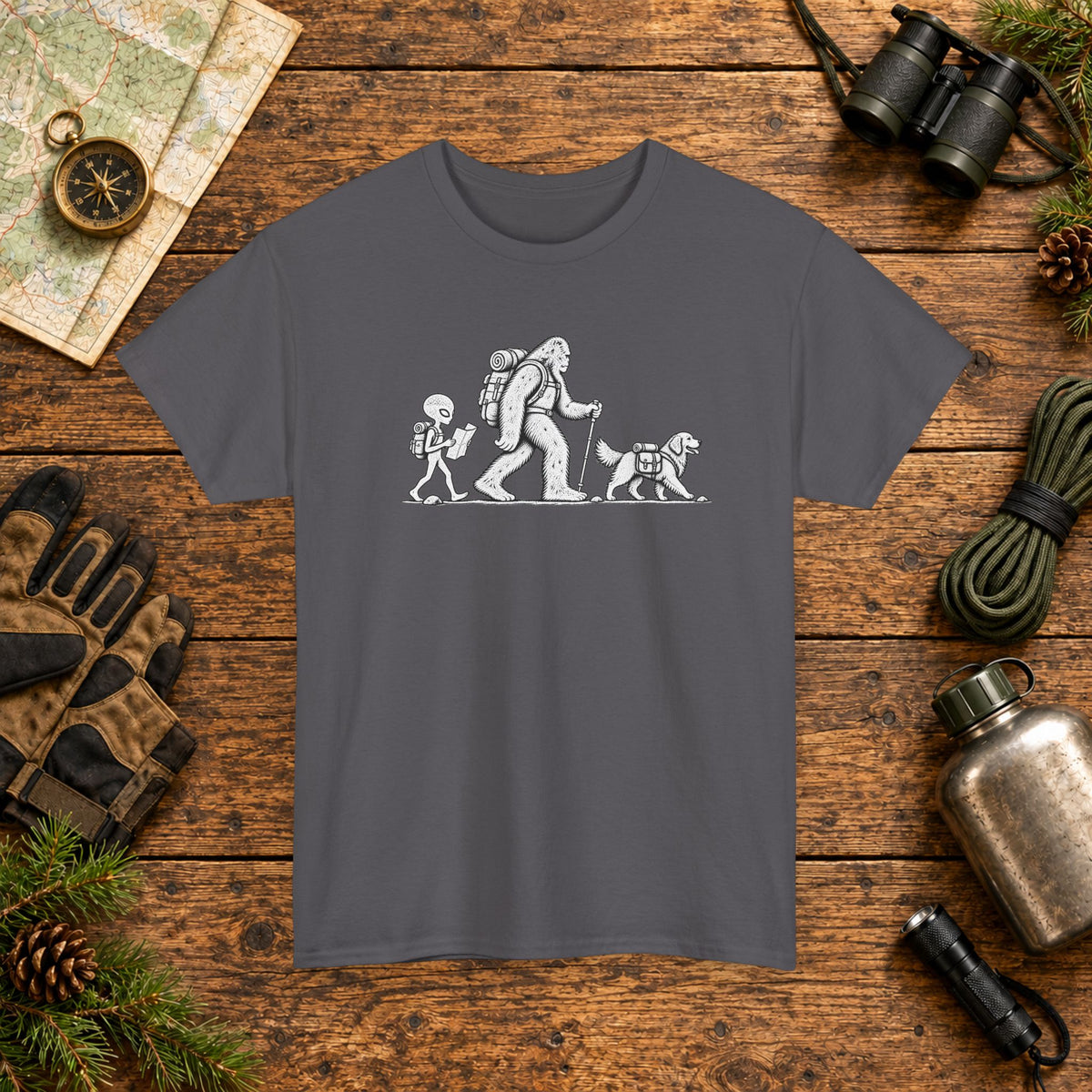 Golden Retriever, Bigfoot & Alien Hiking Adventure T-Shirt