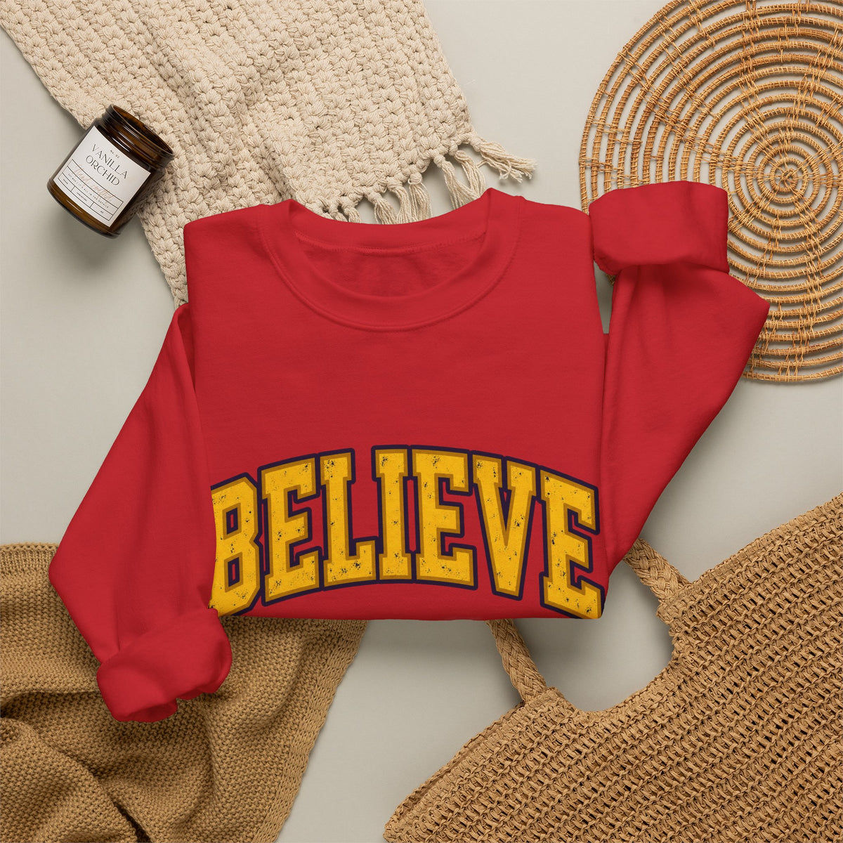 BELIEVE Crewneck Sweatshirt – Varsity Lettering Pullover