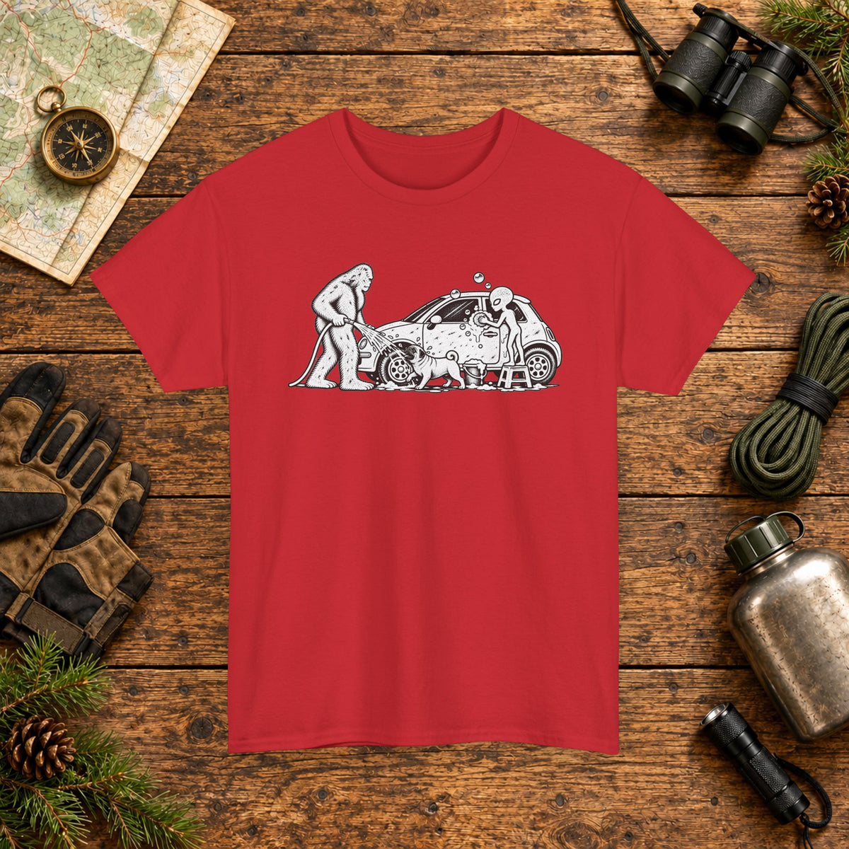 Pug, Bigfoot & Alien Car Wash T-Shirt