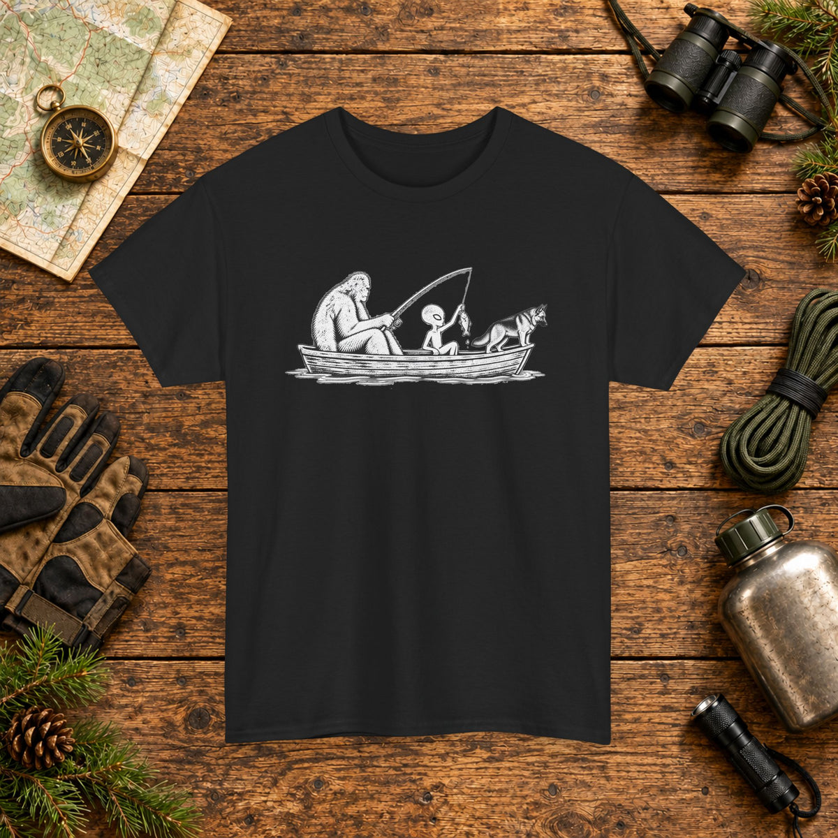 German Shepherd, Bigfoot & Alien Fishing T-Shirt