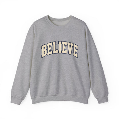 Believe Crewneck Sweatshirt — Vintage Collegiate White Pullover