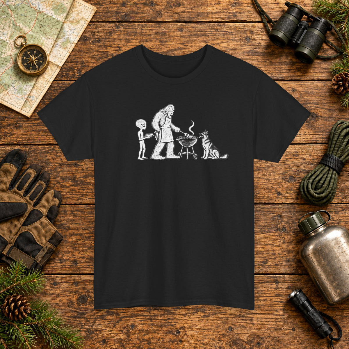 German Shepherd, Bigfoot & Alien Backyard BBQ T-Shirt