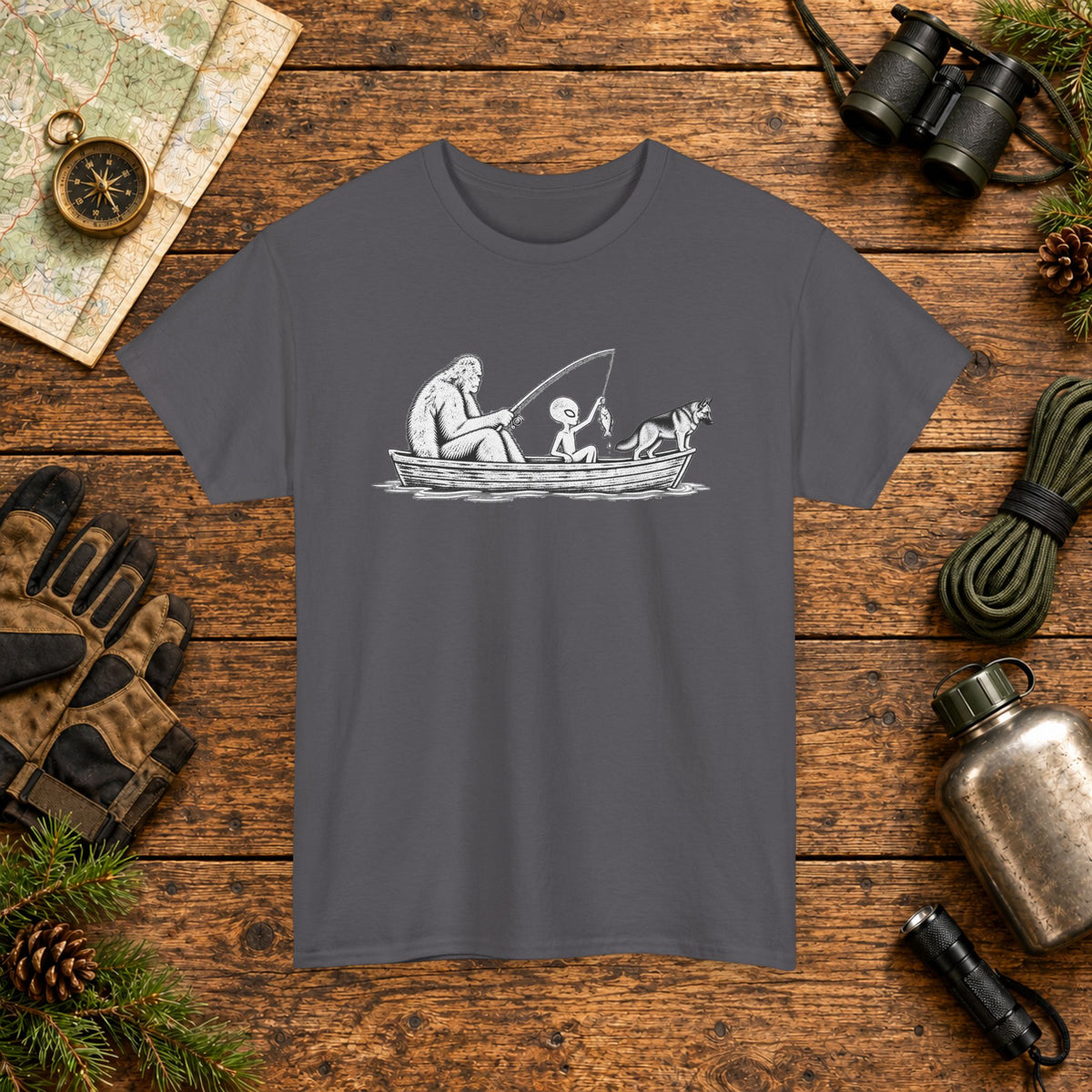 German Shepherd, Bigfoot & Alien Fishing T-Shirt