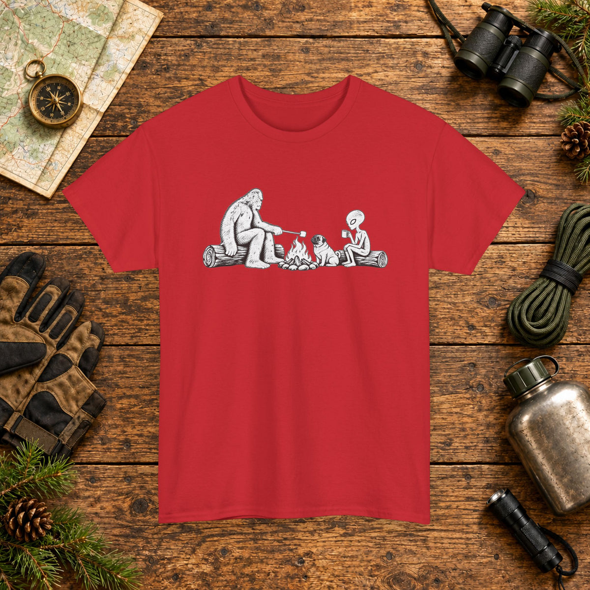 Pug, Bigfoot & Alien Campfire T-Shirt