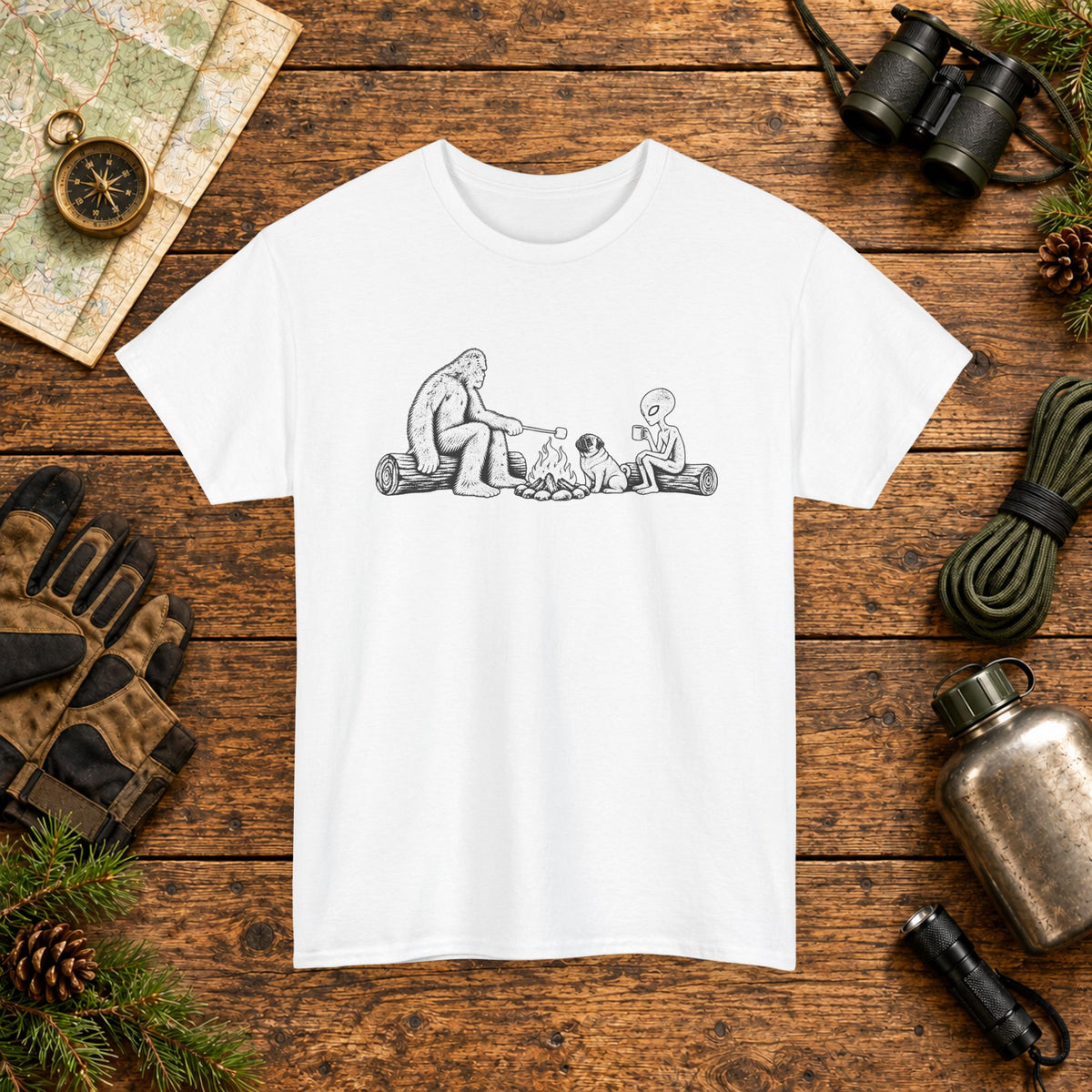 Pug, Bigfoot & Alien Campfire T-Shirt