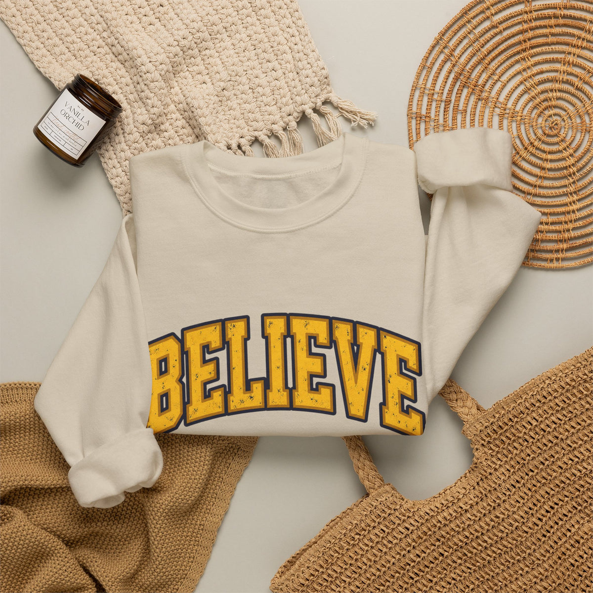 BELIEVE Crewneck Sweatshirt – Varsity Lettering Pullover