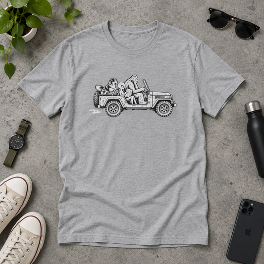 Australian Shepherd Jeep Road Trip with Bigfoot & Alien T-Shirt