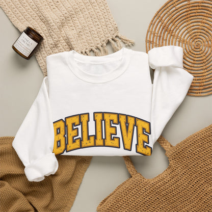 BELIEVE Crewneck Sweatshirt – Varsity Lettering Pullover
