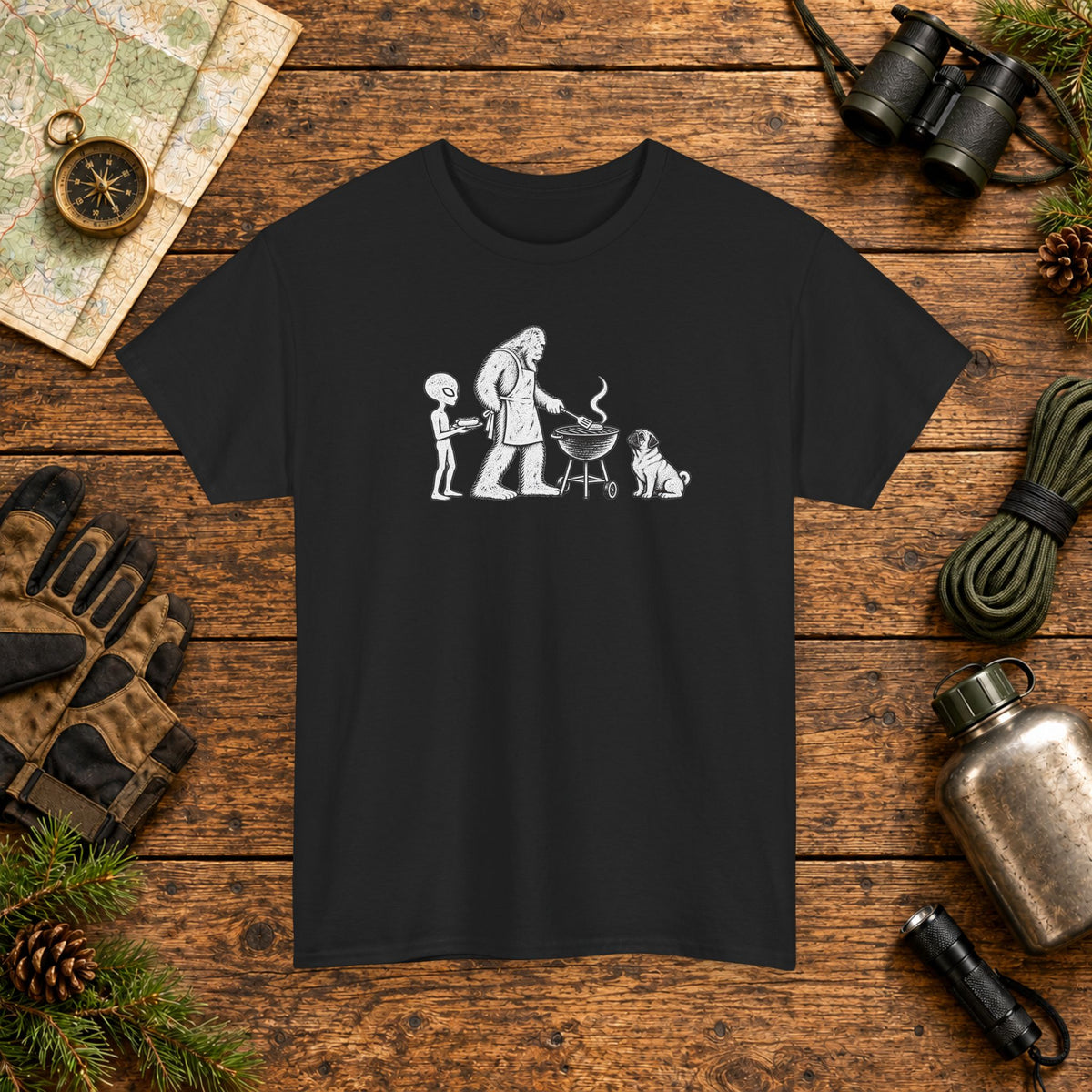 Pug, Bigfoot & Alien Backyard BBQ T-Shirt