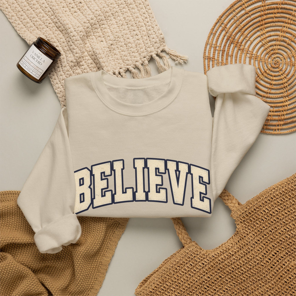 Believe Crewneck Sweatshirt — Vintage Collegiate White Pullover