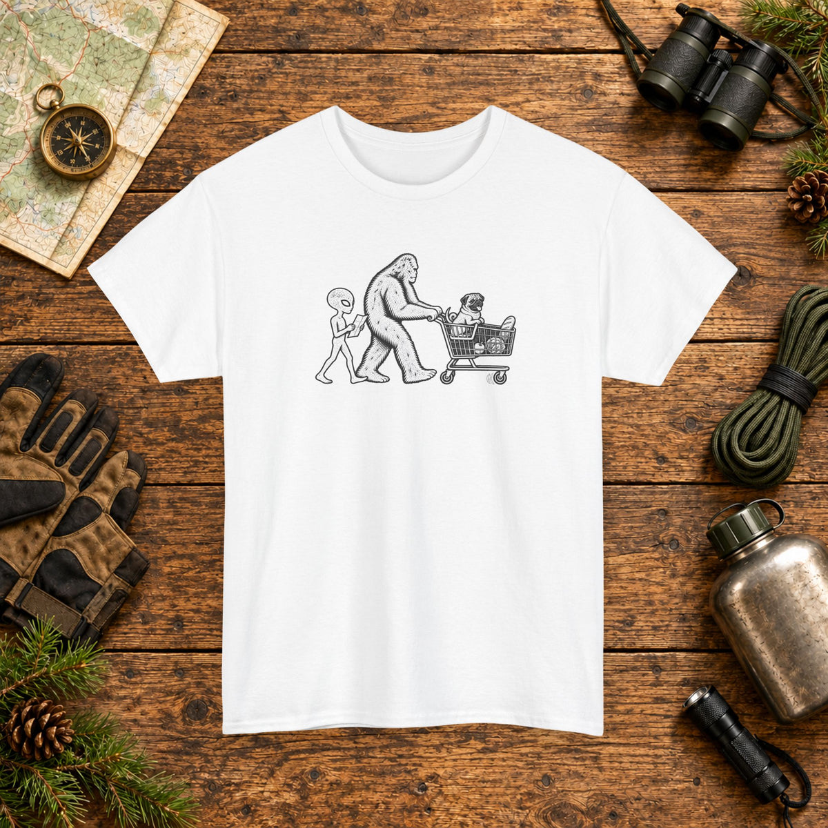 Pug, Bigfoot & Alien Grocery Shopping T-Shirt