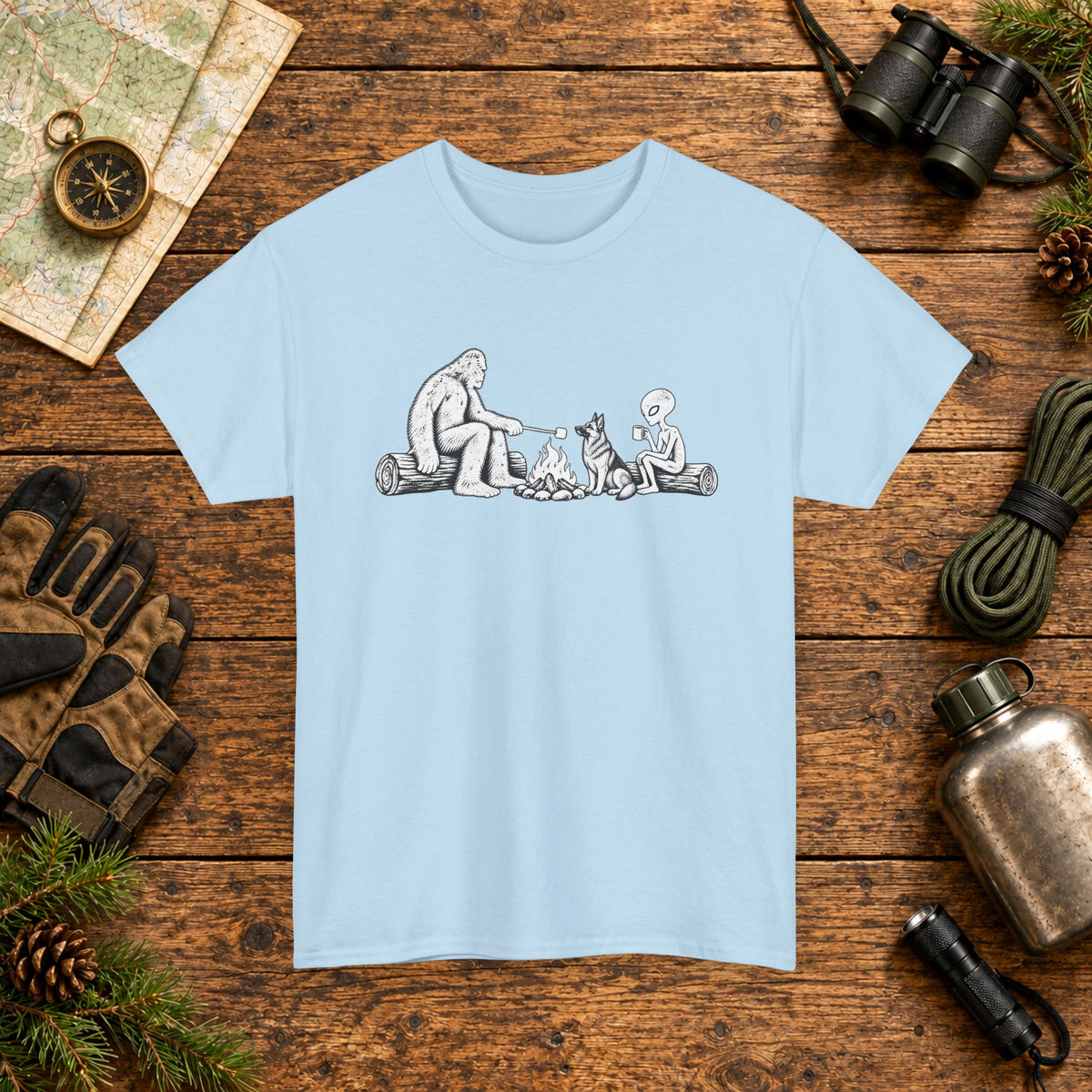 German Shepherd, Bigfoot & Alien Campfire T-Shirt