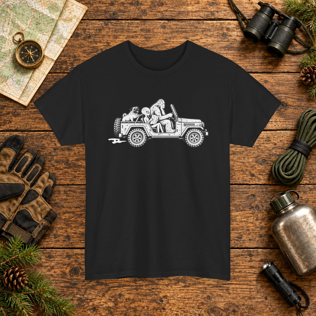 Pug, Bigfoot & Alien Off-Road Adventure T-Shirt