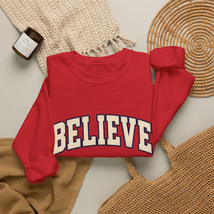 Believe Crewneck Sweatshirt — Vintage Collegiate White Pullover