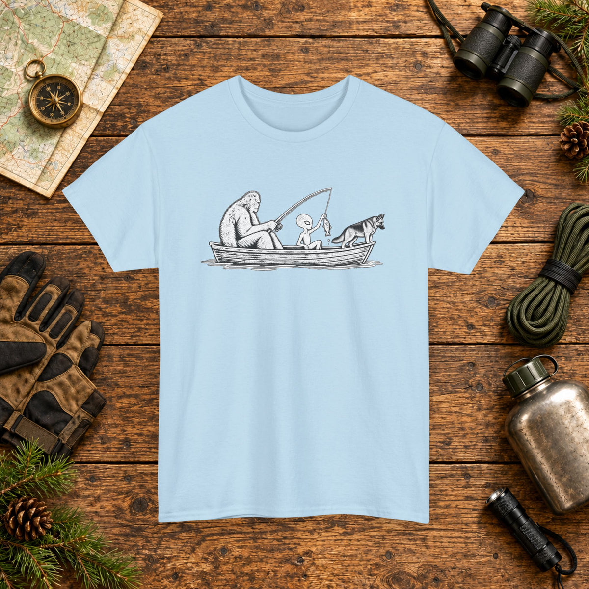 German Shepherd, Bigfoot & Alien Fishing T-Shirt