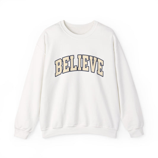 Believe Crewneck Sweatshirt — Vintage Collegiate White Pullover