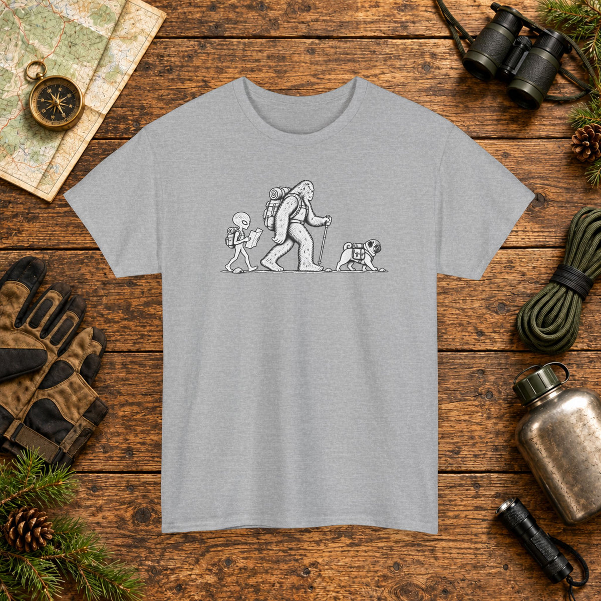 Pug, Bigfoot & Alien Hiking Adventure T-Shirt