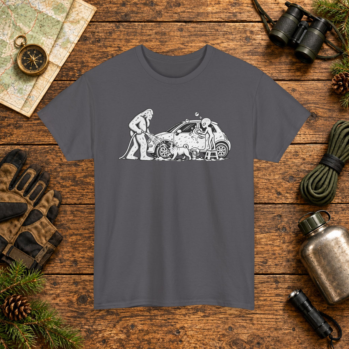 Pug, Bigfoot & Alien Car Wash T-Shirt