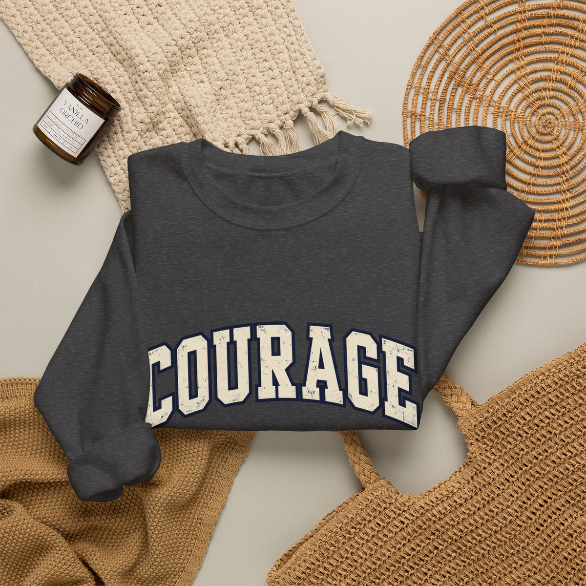 Courage Crewneck Sweatshirt — White Inspirational Collegiate Pullover