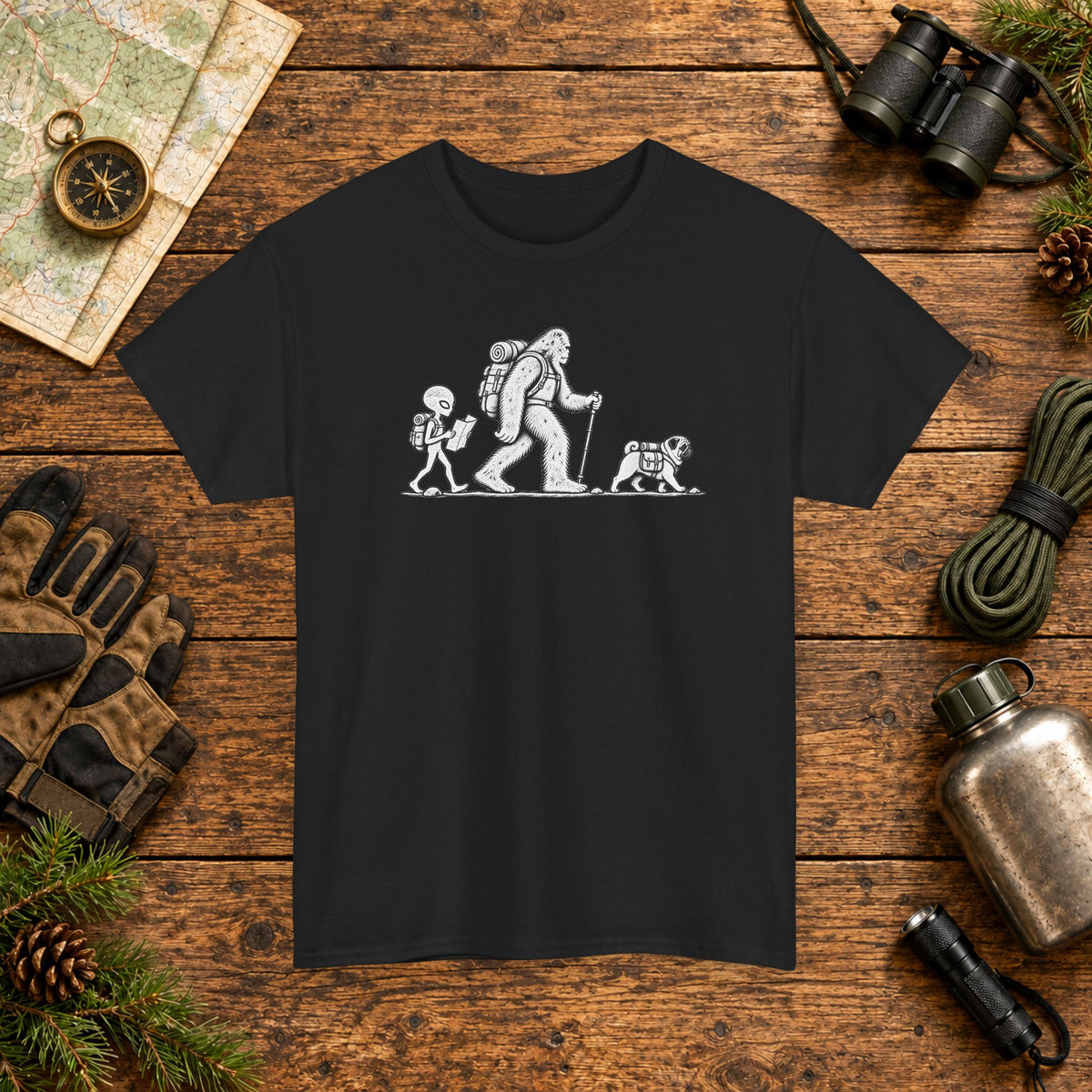 Pug, Bigfoot & Alien Hiking Adventure T-Shirt
