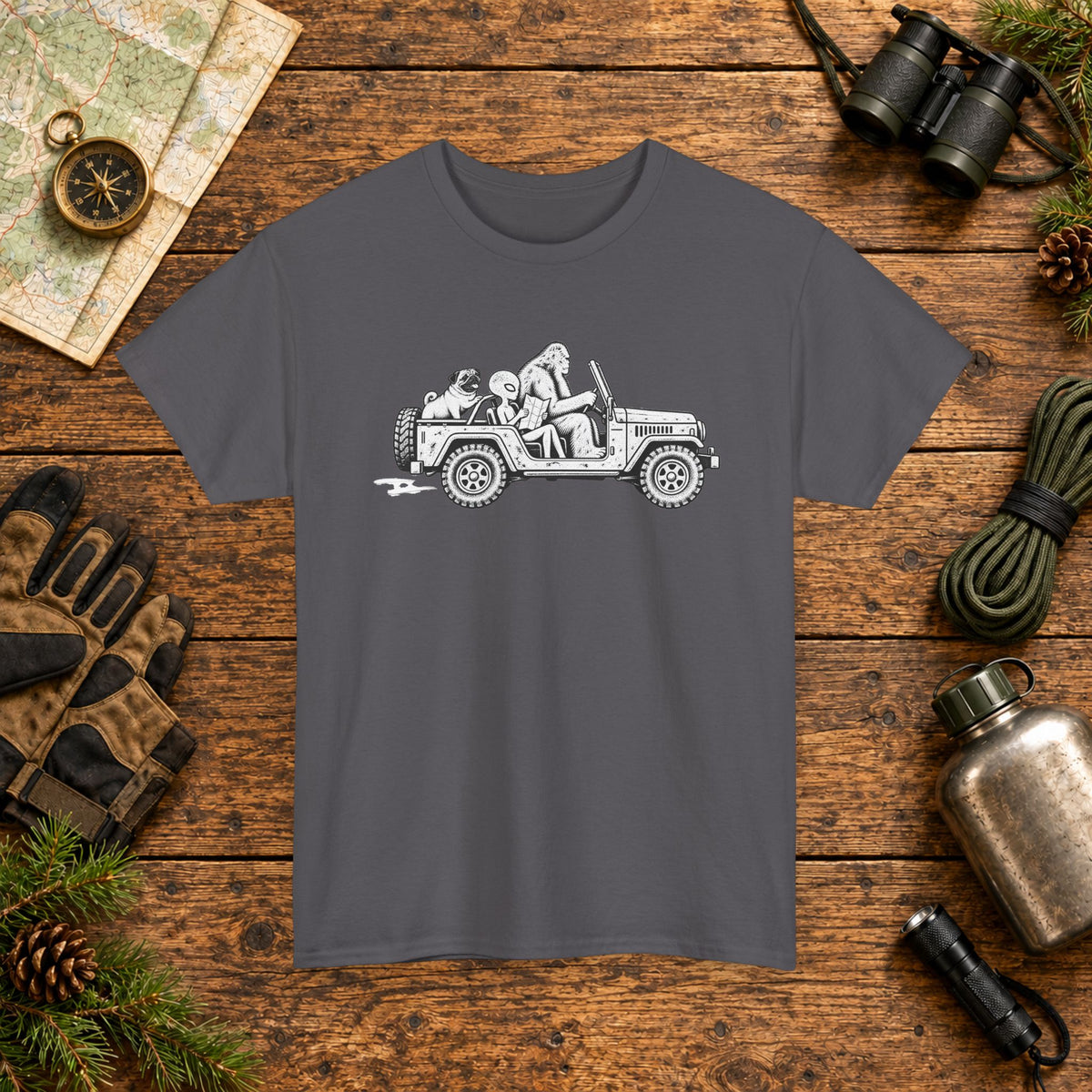 Pug, Bigfoot & Alien Off-Road Adventure T-Shirt