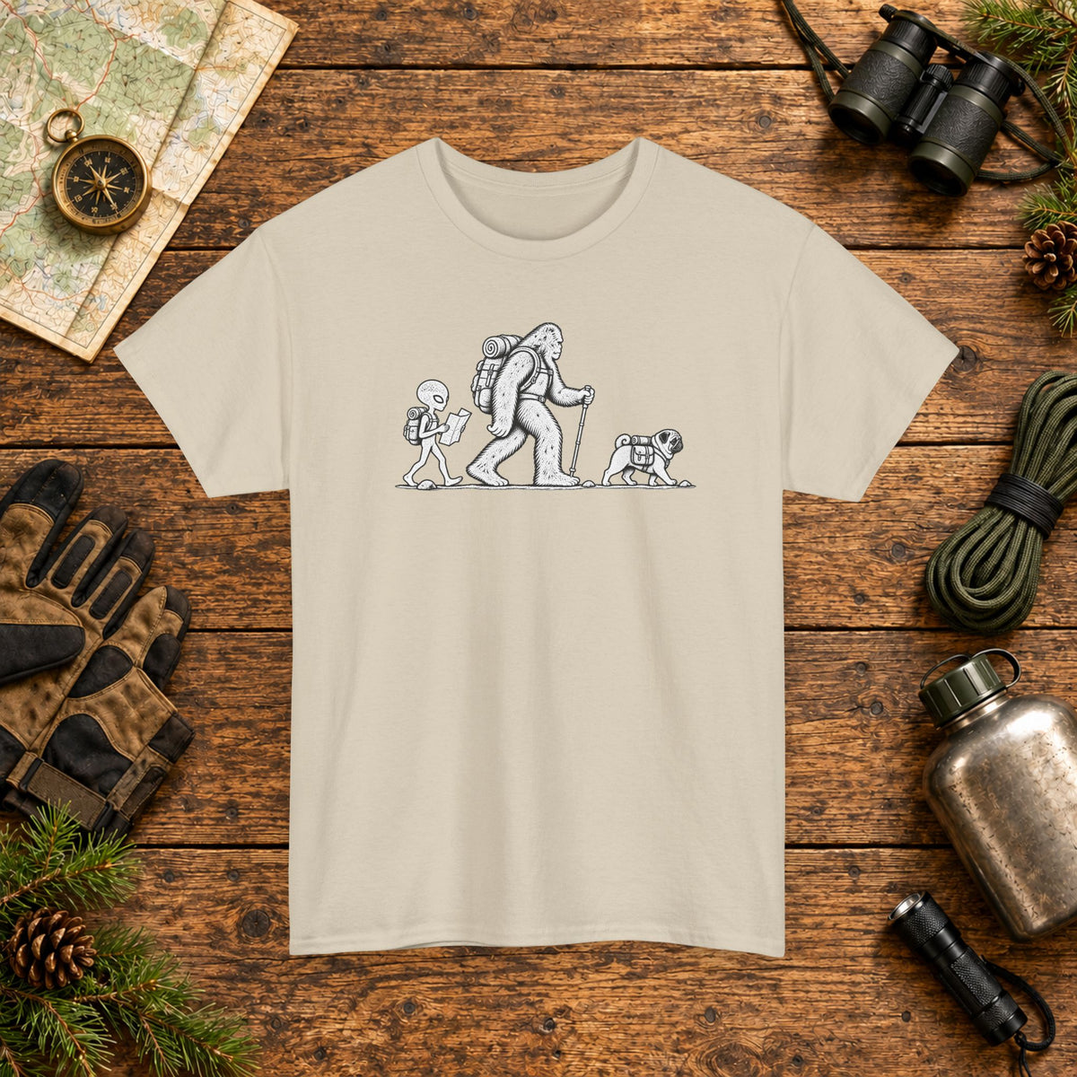 Pug, Bigfoot & Alien Hiking Adventure T-Shirt