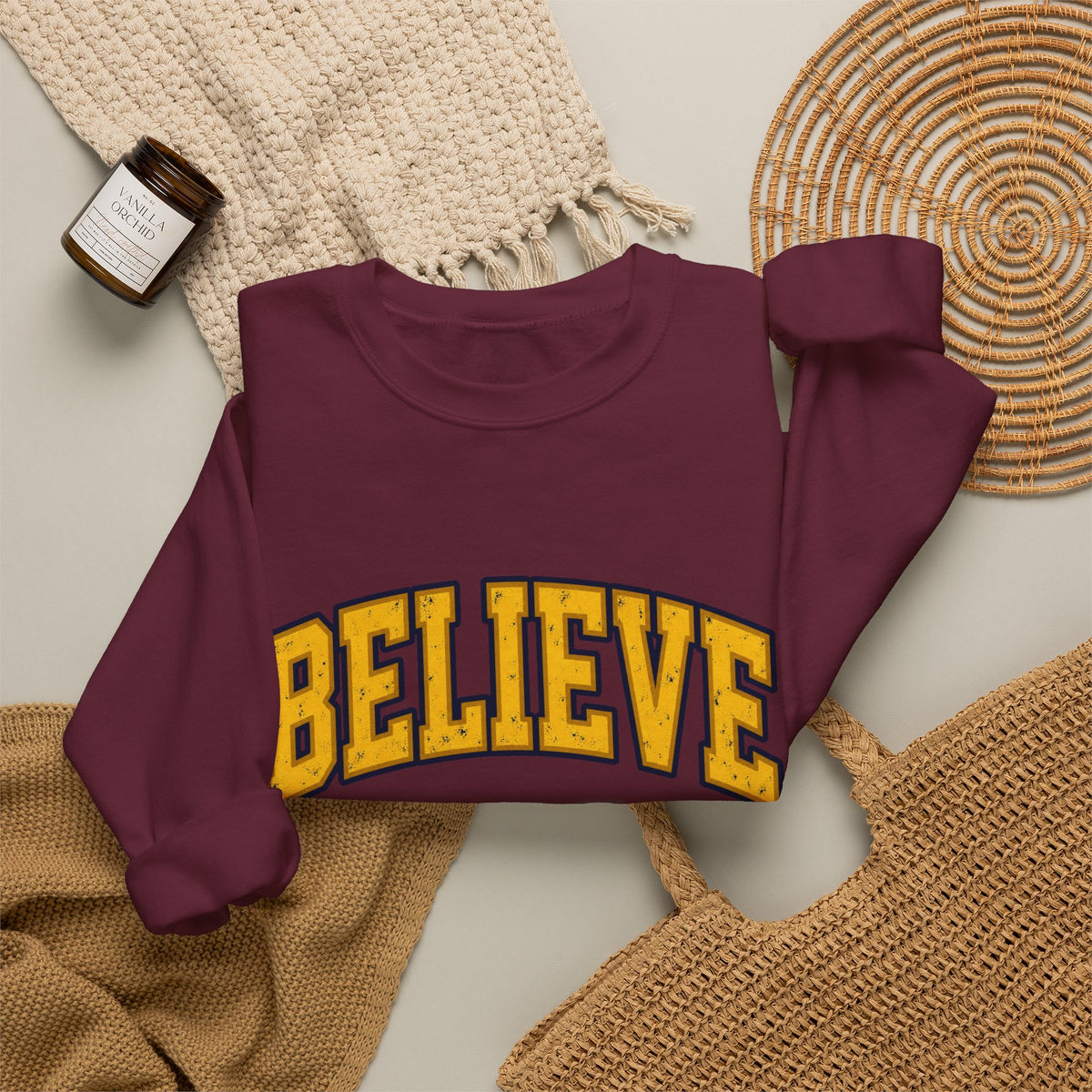 BELIEVE Crewneck Sweatshirt – Varsity Lettering Pullover